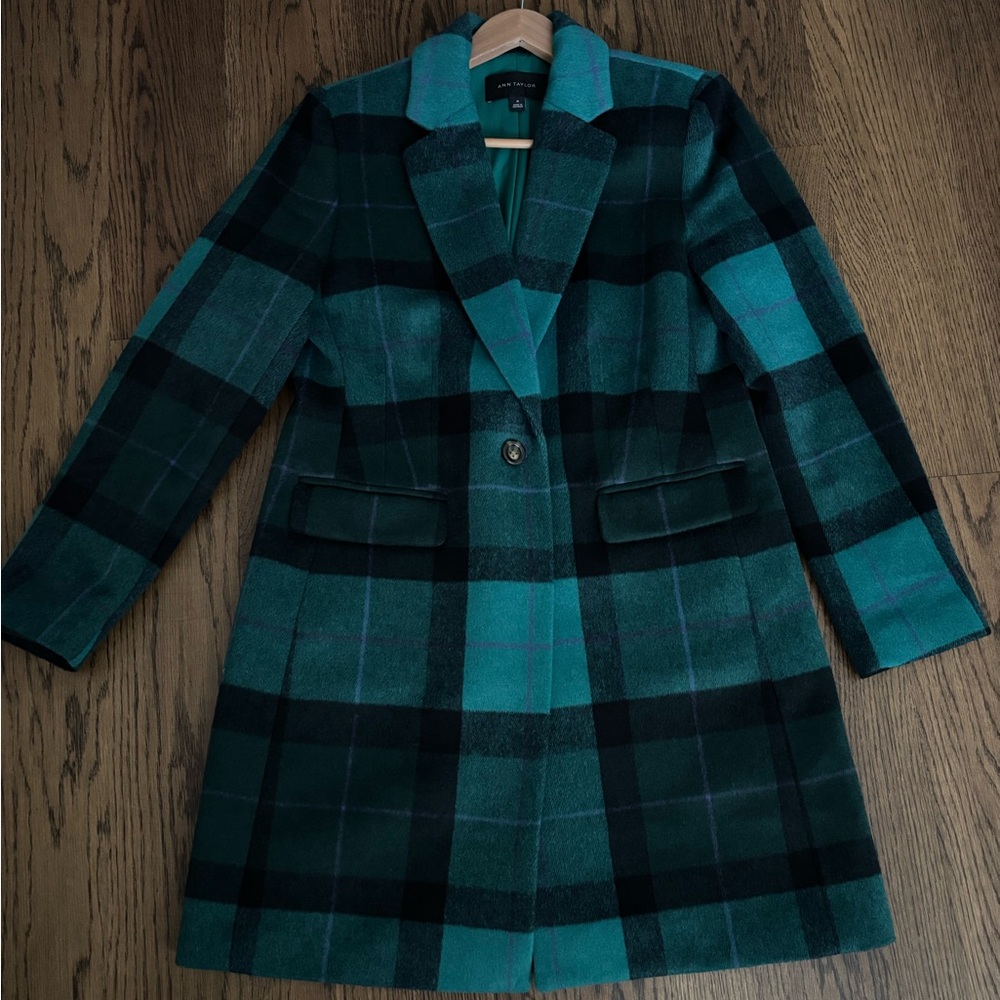 Ann Taylor Teal and Black Plaid Coat